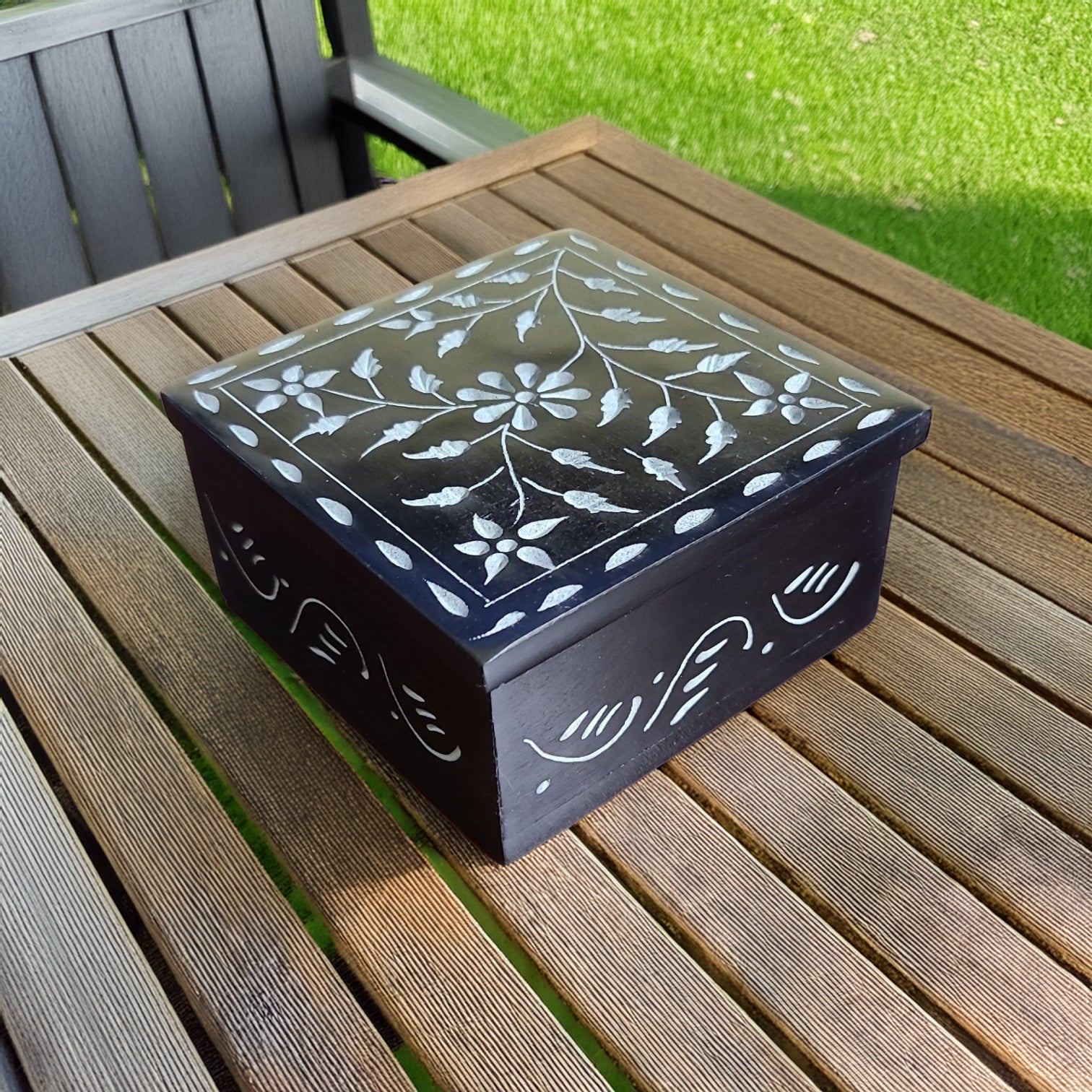 Floral Hand Carved Soapstone Box 4.25"