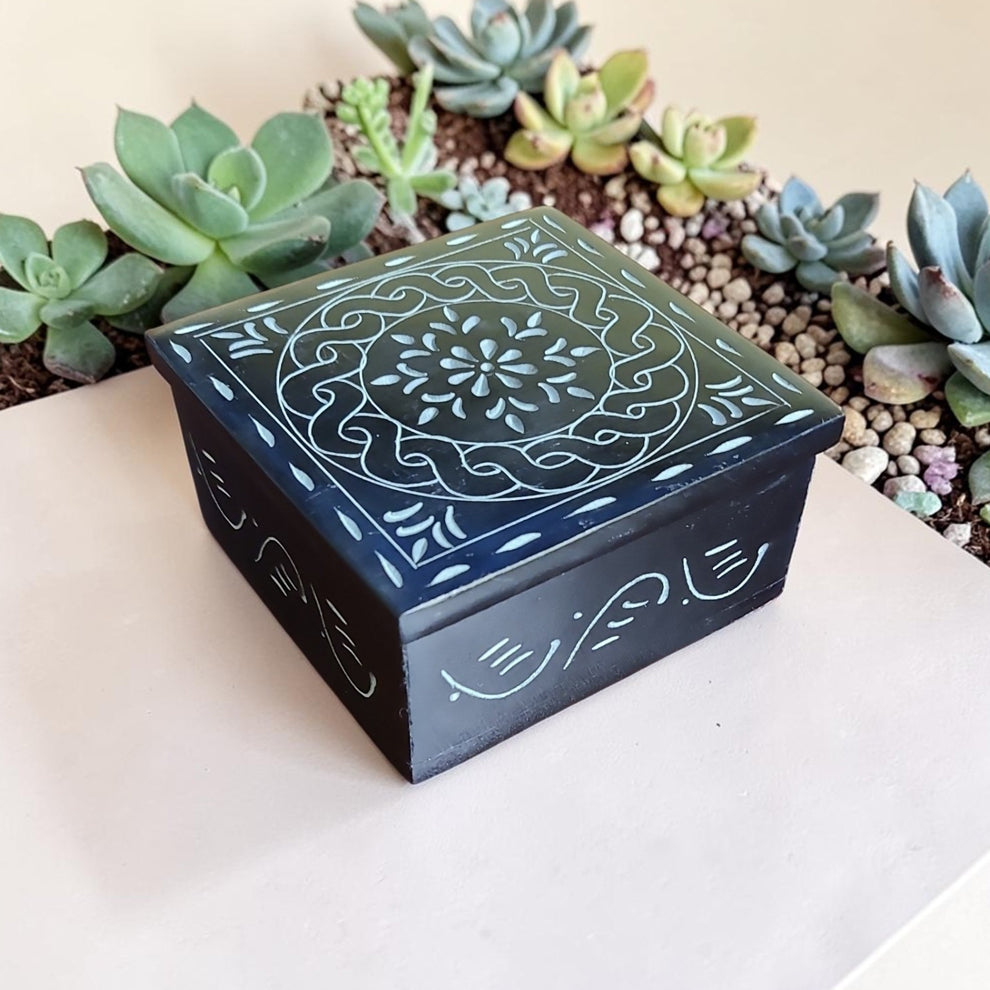 Floral Mandala Hand Carved Soapstone Box 4.25"