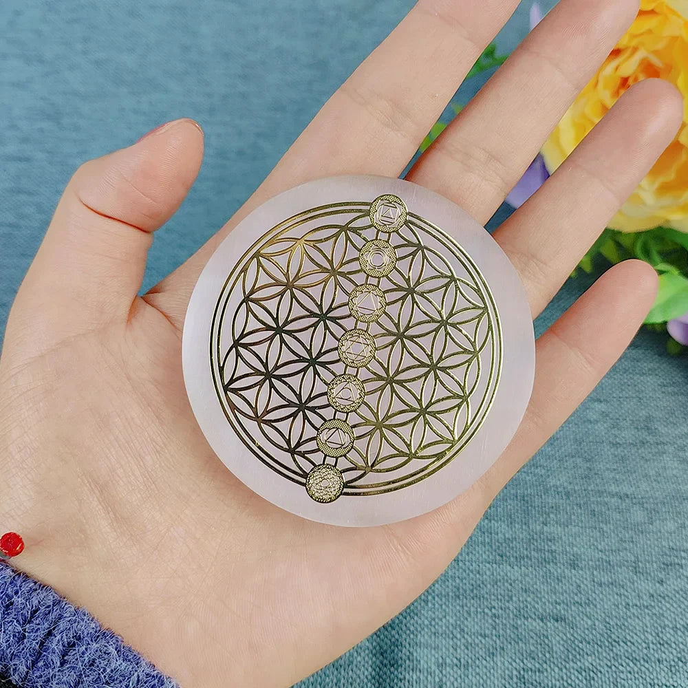 Selenite Spiritual Gold Symbol Plates | crystal | Wiccan Center