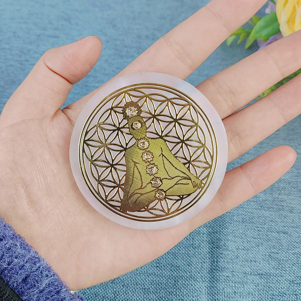 Selenite Spiritual Gold Symbol Plates | crystal | Wiccan Center