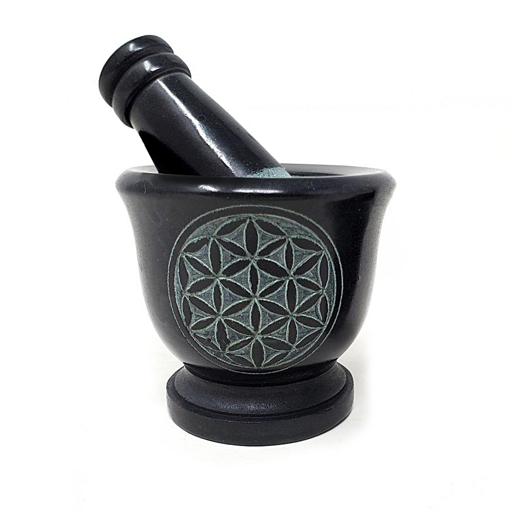 Flower of Life Carved Black Soapstone Mortar & Pestle 2.75" | Mortar & Pestle | Wiccan Center