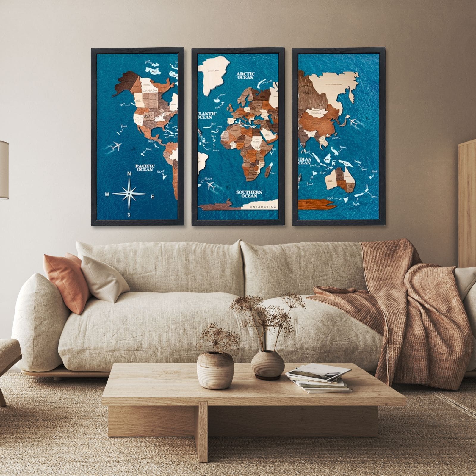 3D Wooden Triptych World Map Multicolor
