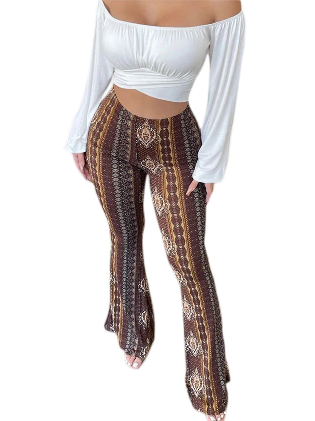 Frauen Boho Flare Pants Ethnic Tribal Print Bell Bottom Yoga Palazzo Hose | | Wiccan Center