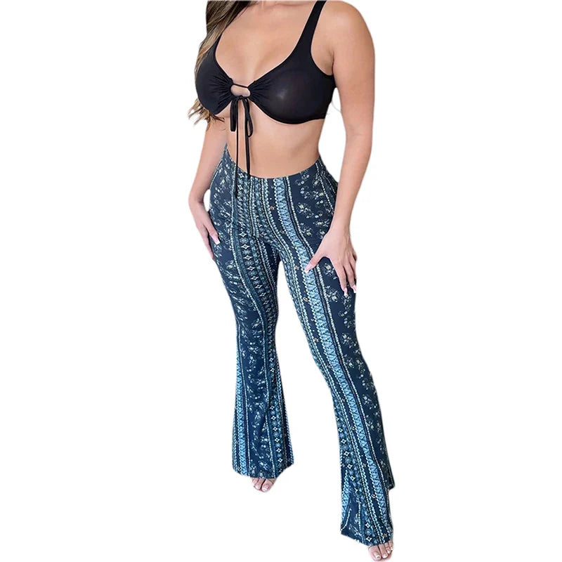 Frauen Boho Flare Pants Ethnic Tribal Print Bell Bottom Yoga Palazzo Hose | | Wiccan Center