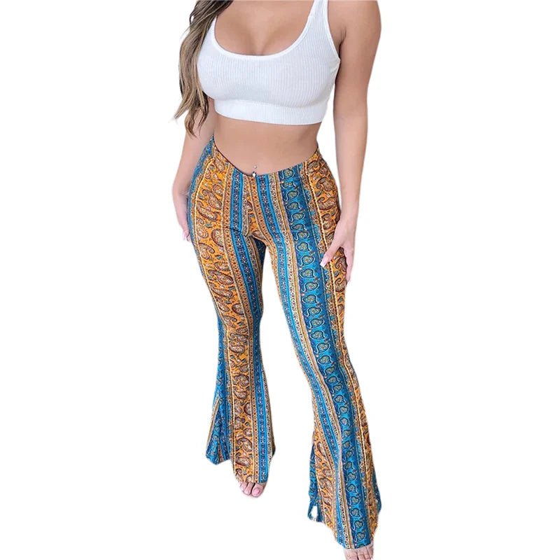 Frauen Boho Flare Pants Ethnic Tribal Print Bell Bottom Yoga Palazzo Hose | | Wiccan Center