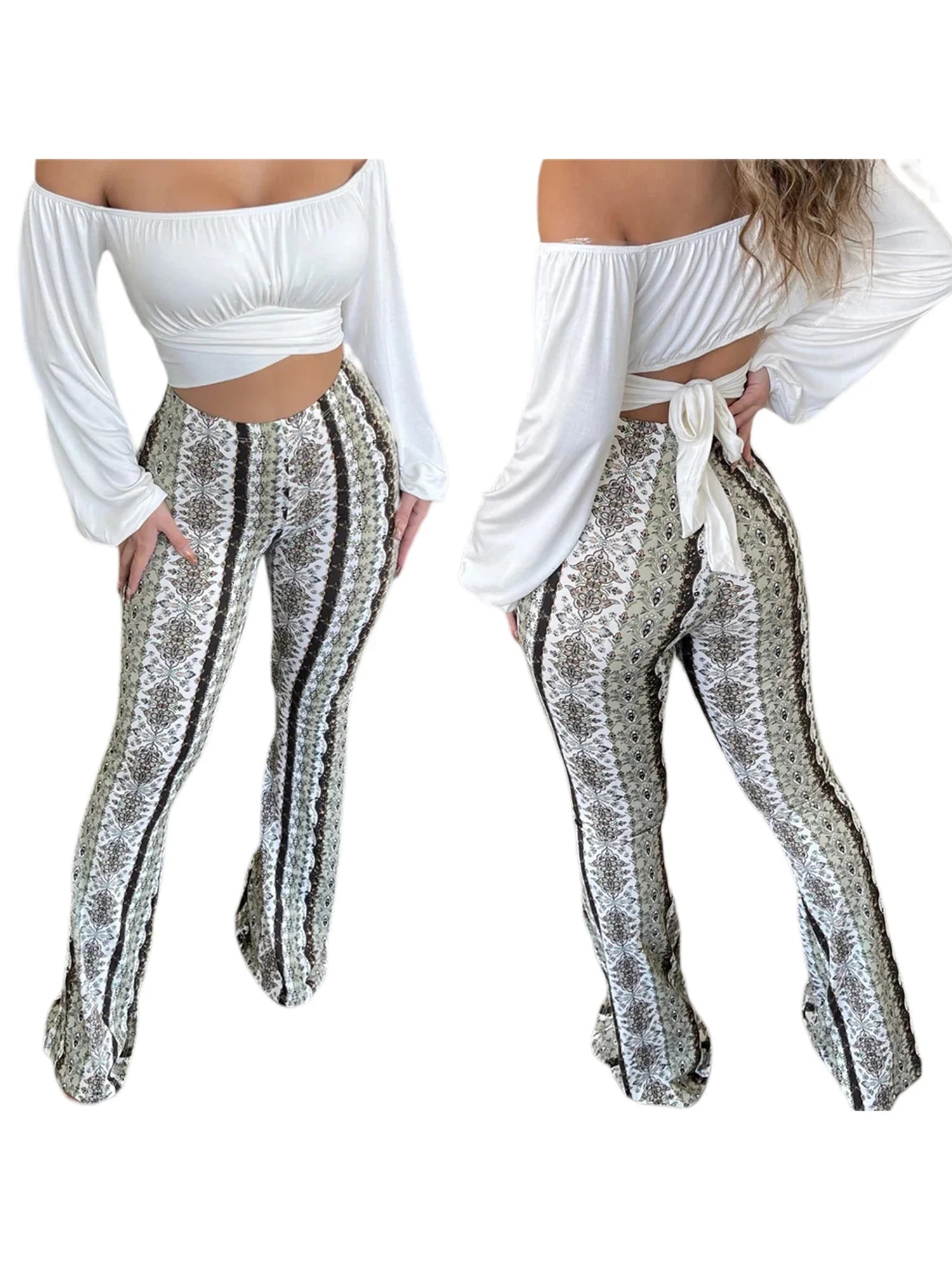 Frauen Boho Flare Pants Ethnic Tribal Print Bell Bottom Yoga Palazzo Hose | | Wiccan Center