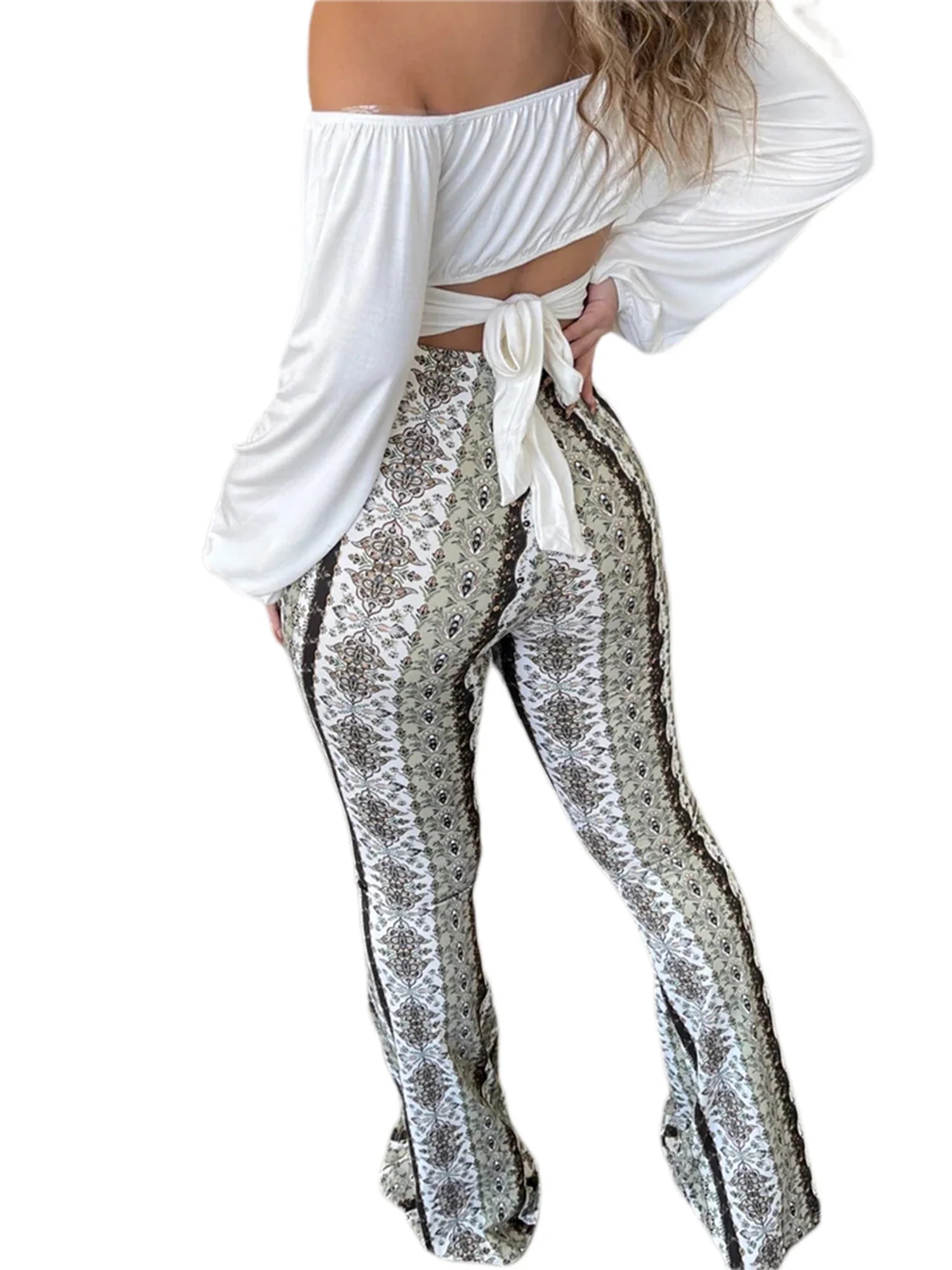 Frauen Boho Flare Pants Ethnic Tribal Print Bell Bottom Yoga Palazzo Hose | | Wiccan Center