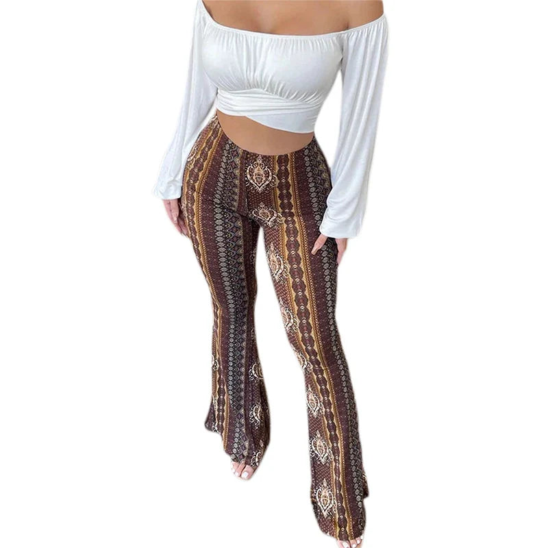 Frauen Boho Flare Pants Ethnic Tribal Print Bell Bottom Yoga Palazzo Hose | | Wiccan Center