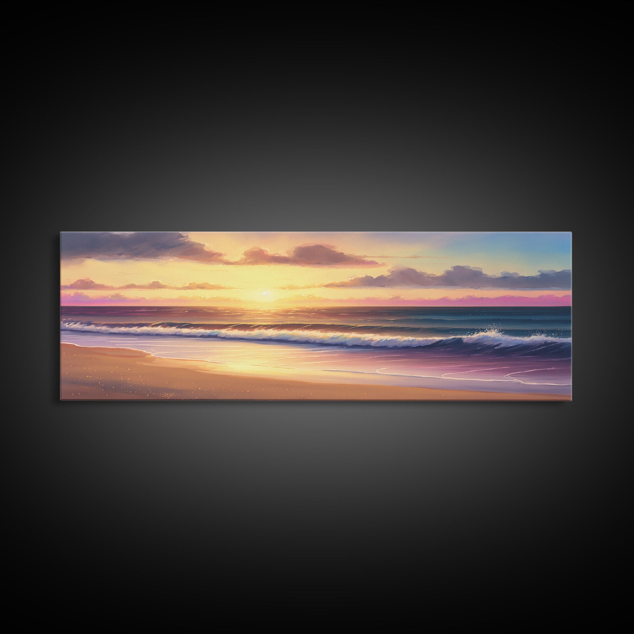 Panoramic Framed Canvas Print of Watercolor Landscape Painting Beach at Sunset - Perfect Home Decor for Tranquility and Joy