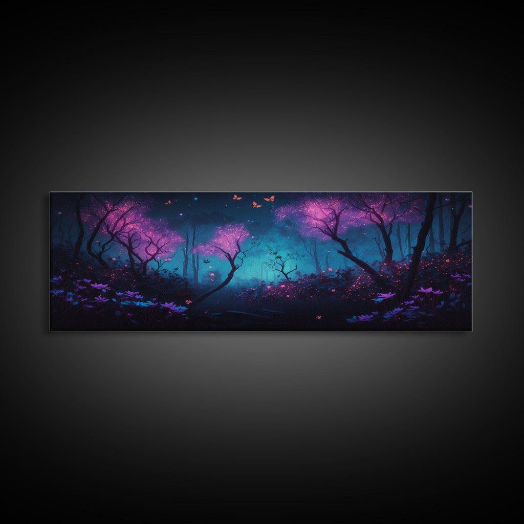 Beautiful Fantasy Forest, Framed Canvas Print, Fantasy Art, Butterflies and Fireflies Light up a Fairy Forest At Night, Framed Wall Art | | Wiccan Center