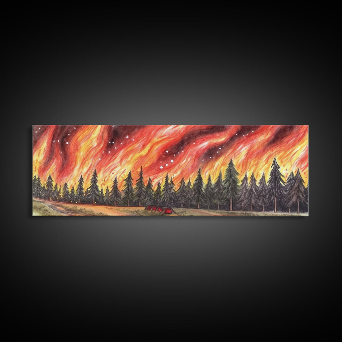 Forest Fire Art Print, Colored Pencil Art, Pines Trees, Flames, Red Art, Wall Decor, Framed Art, Panoramic, Wall Art, Canvas Print | | Wiccan Center