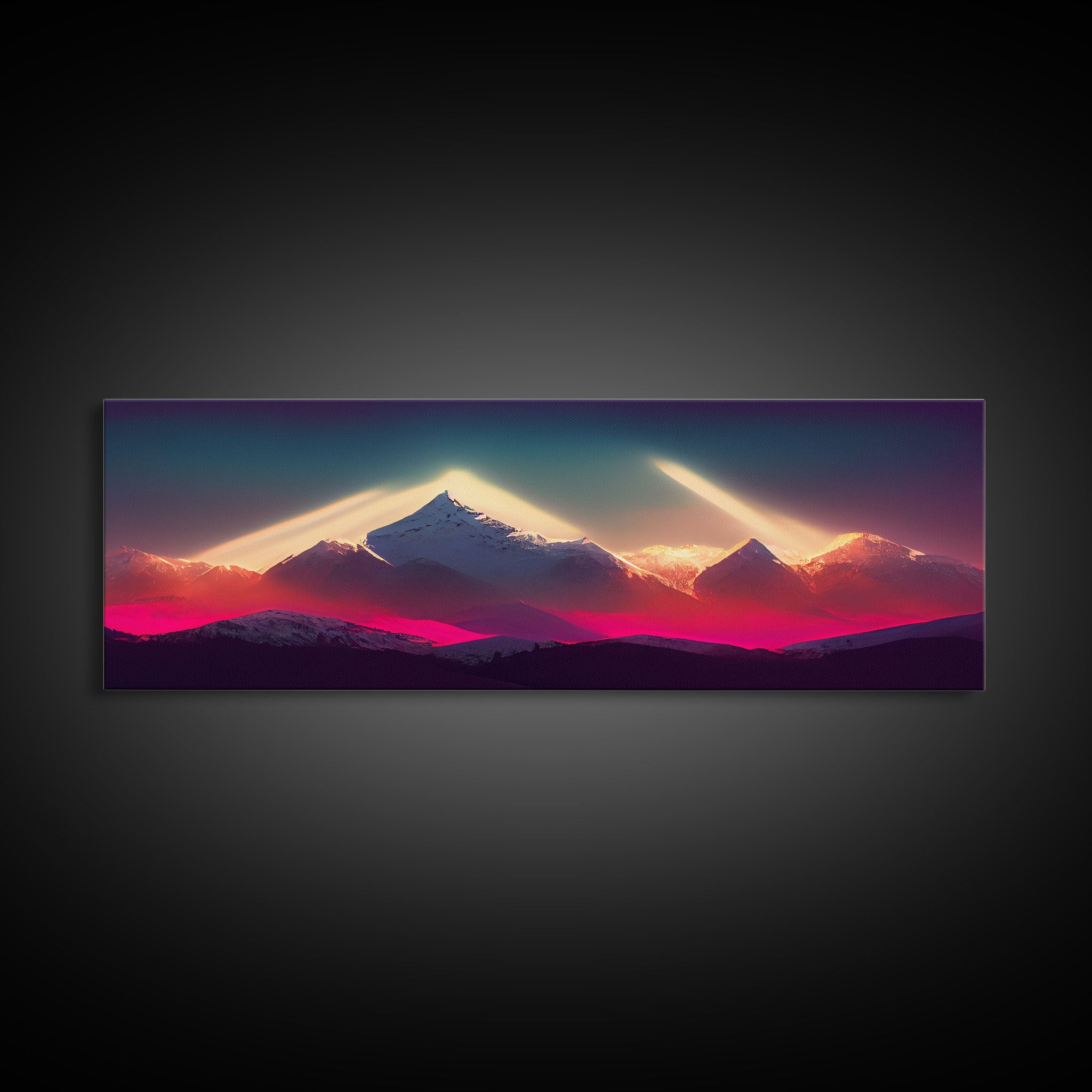 Panoramic Canvas Print, Mountain Sunrise Wall Decor, Cool Wall Art, Ready To Hang, Vaporwave Sunset, Cool Landscape Art