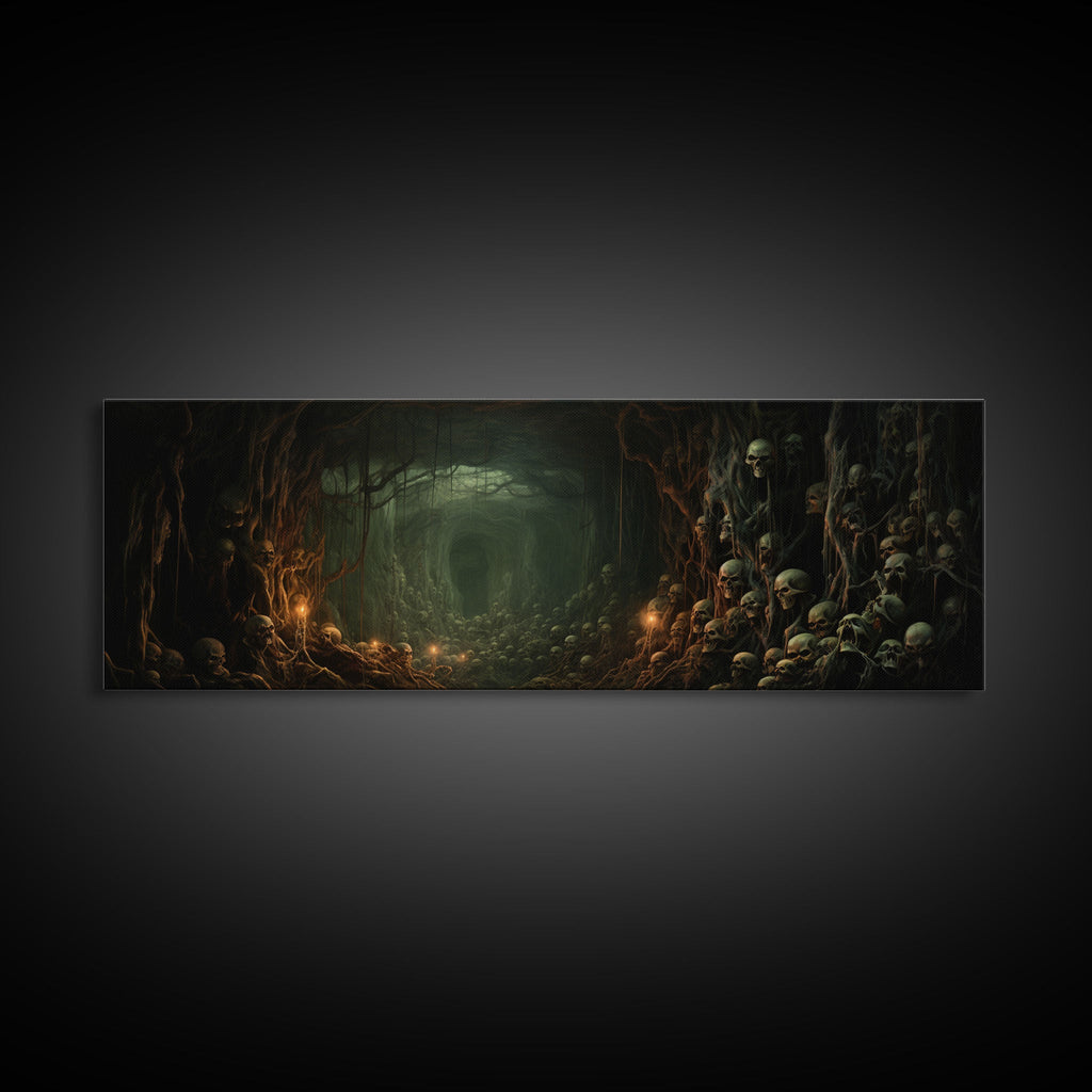 The Skull Crypt Panoramic Canvas Print, Framed Halloween Art, Spooky Decor, Halloween Art, Halloween Wall Art, Halloween Art Print | | Wiccan Center