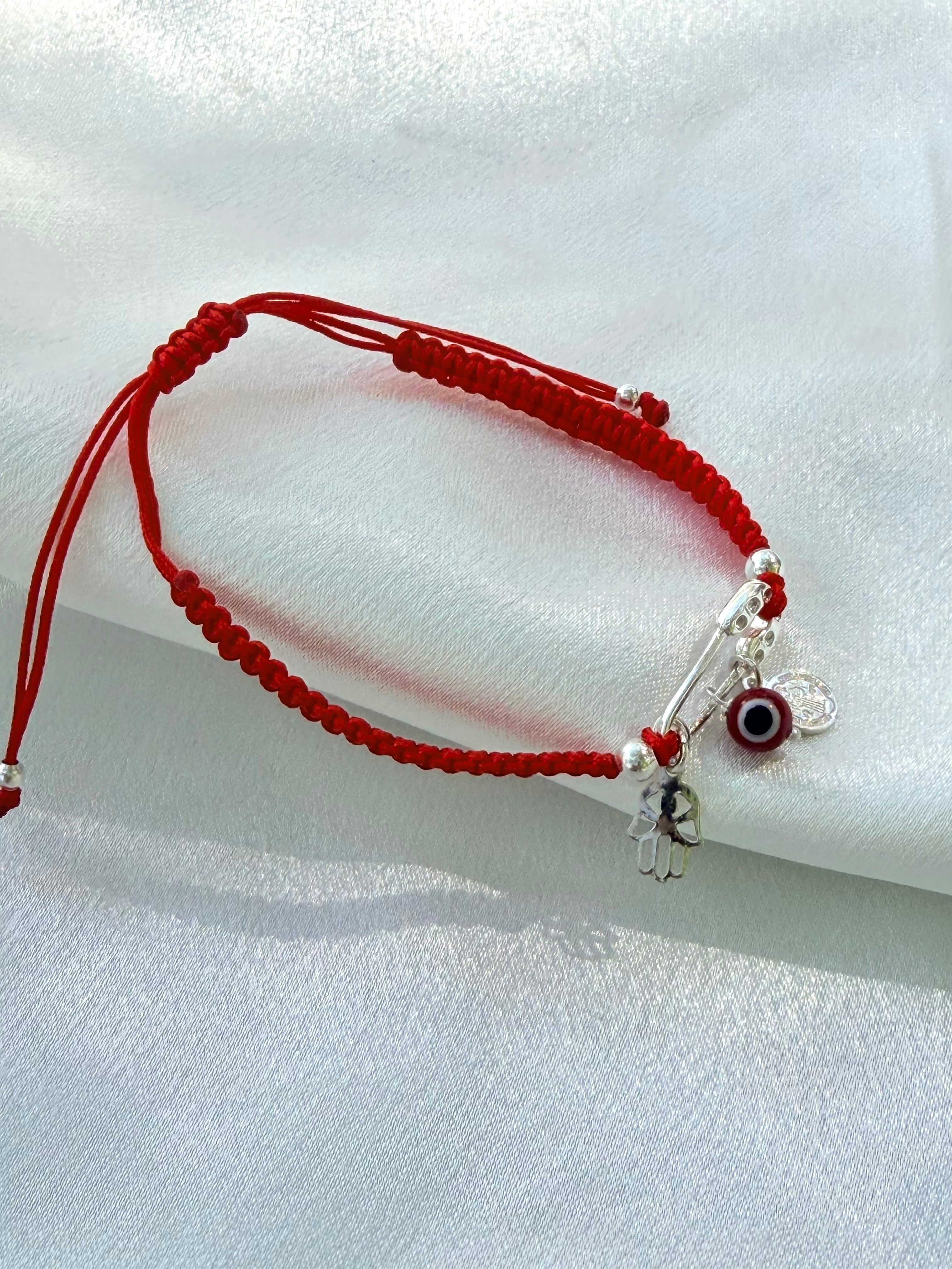 925 Sterling Silver Red Protection Bracelet | Saint Benedict, Evil Eye & Hamsa Adjustable | | Wiccan Center