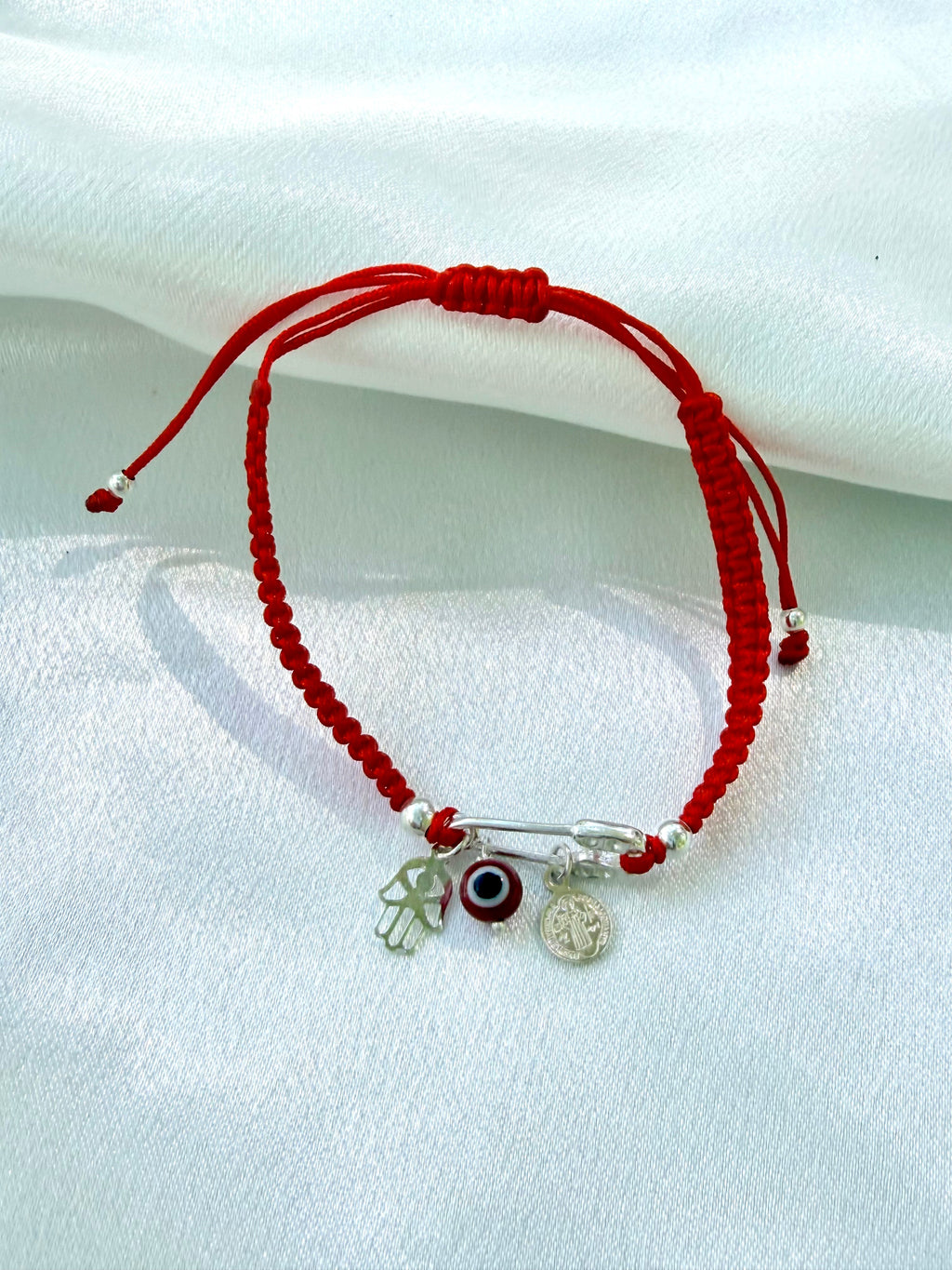 925 Sterling Silver Red Protection Bracelet | Saint Benedict, Evil Eye & Hamsa Adjustable | | Wiccan Center