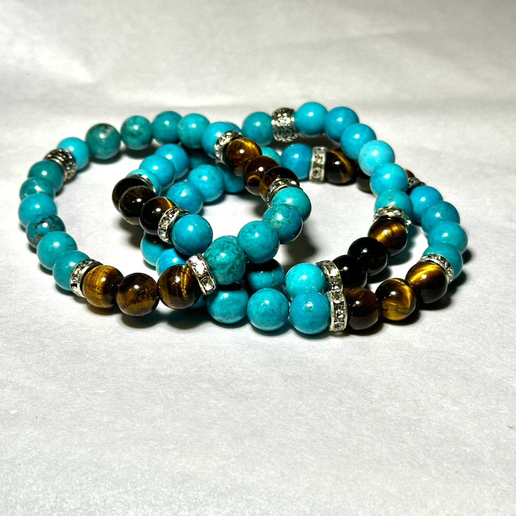 Blue Howlite and Tiger Eye Round Bead Bracelet 8mm - Balanced Emotions | Bracelets | Wiccan Center