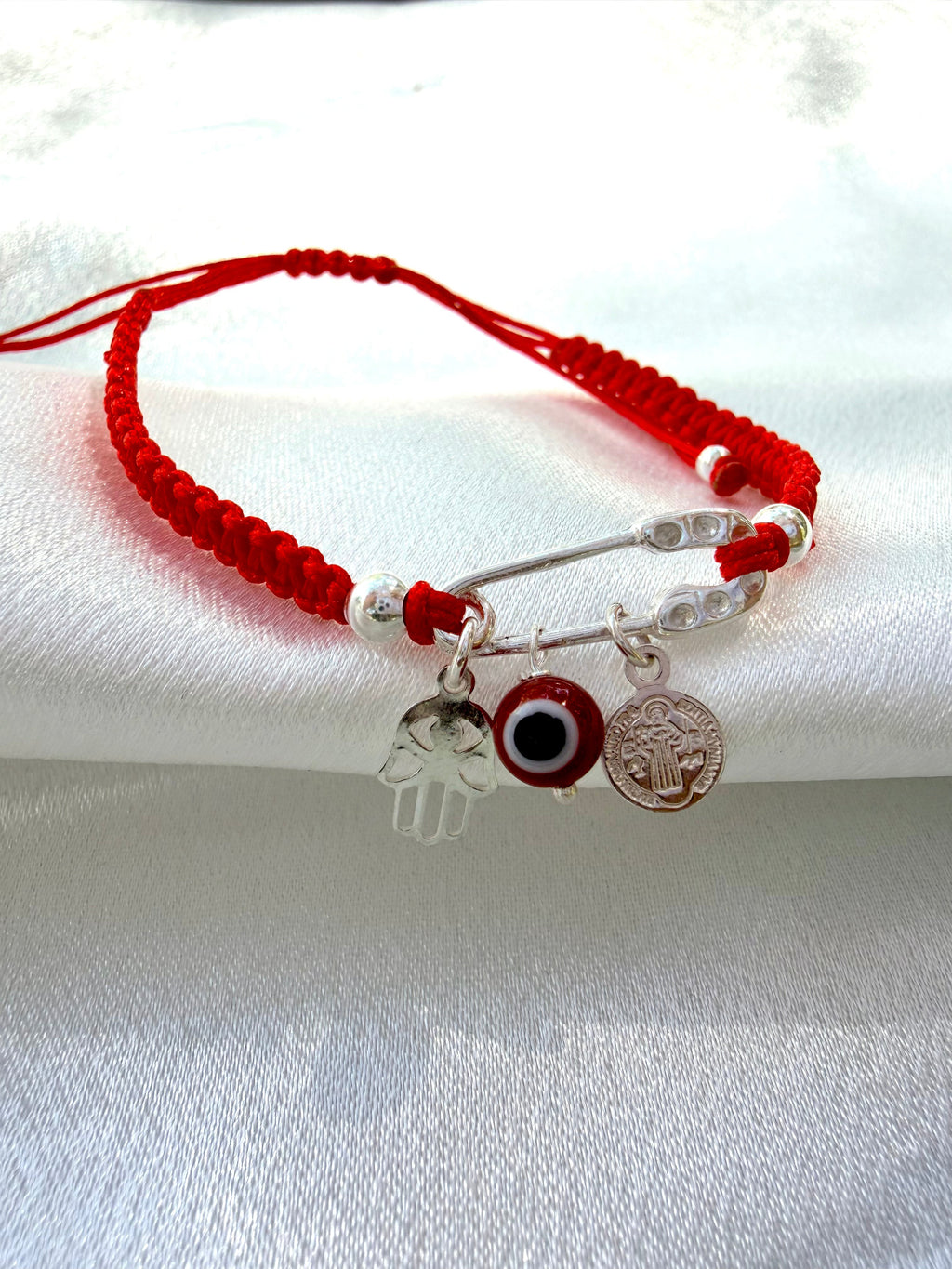 925 Sterling Silver Red Protection Bracelet | Saint Benedict, Evil Eye & Hamsa Adjustable | | Wiccan Center