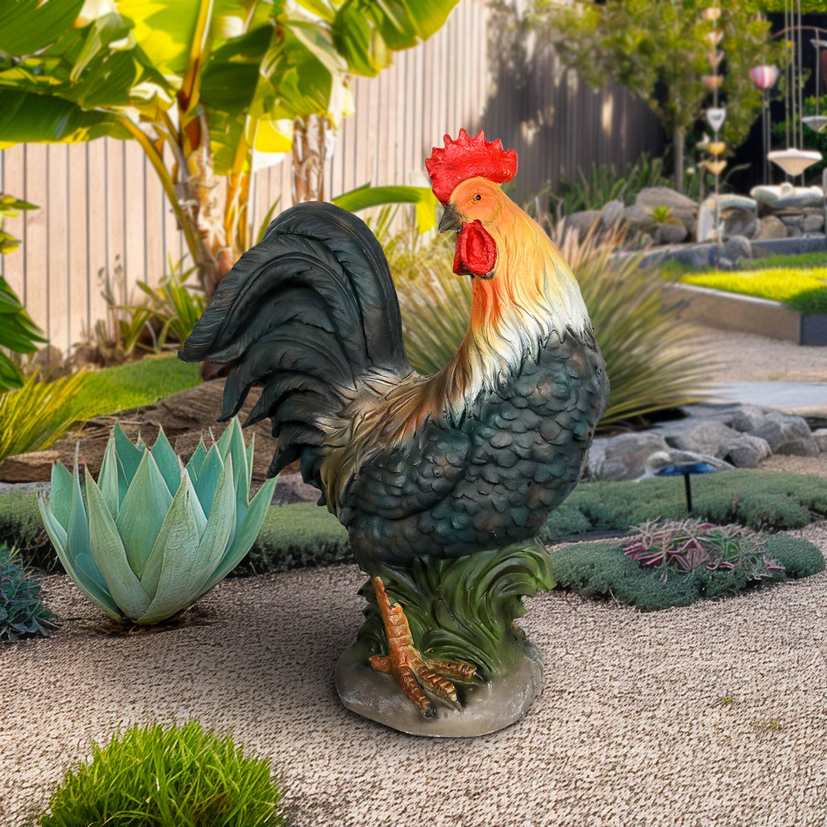 Concrete Rooster Statue Hand Painted Farmhouse 22 In