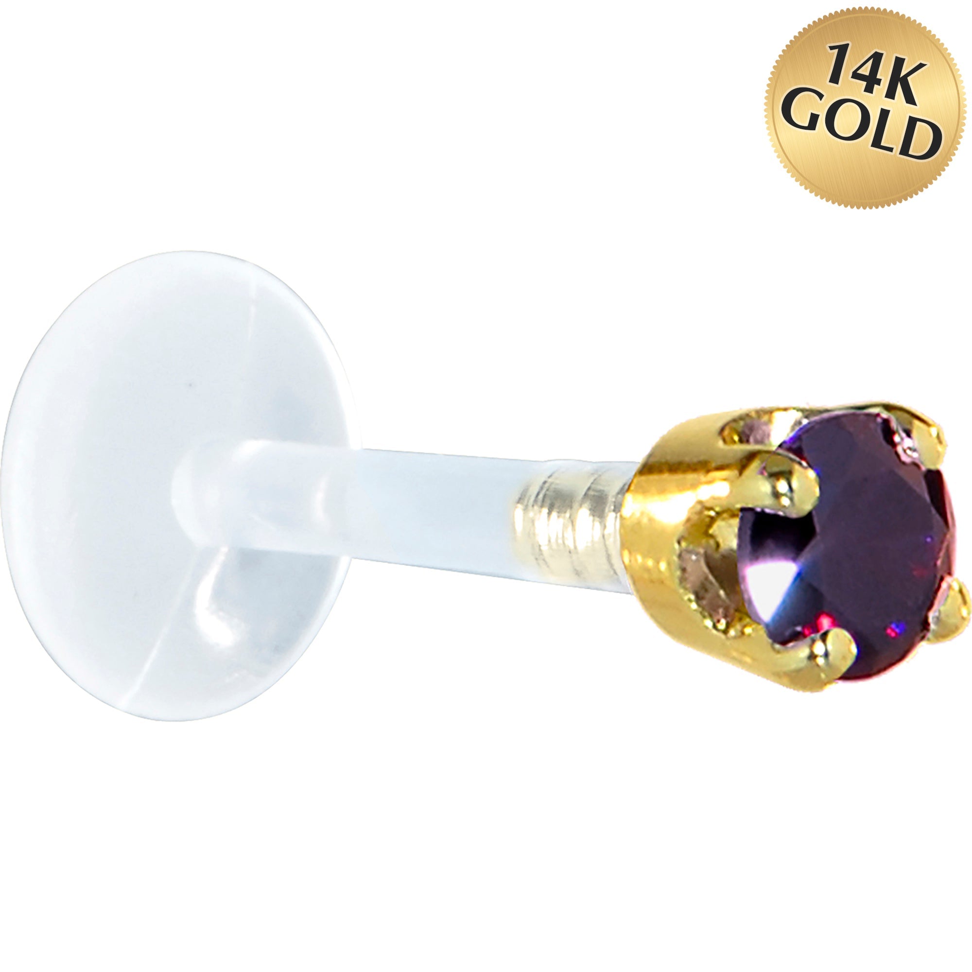 16G 5/16 Solid 14K Yellow Gold 3mm Amethyst Cubic Zirconia Bioplast Tragus Earring Stud | TRAGUS | Wiccan Center