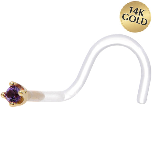 18G 1/4 Yellow Gold 1.5mm Genuine Amethyst Bioplast Nose Ring | NOSE RING Screw | Wiccan Center