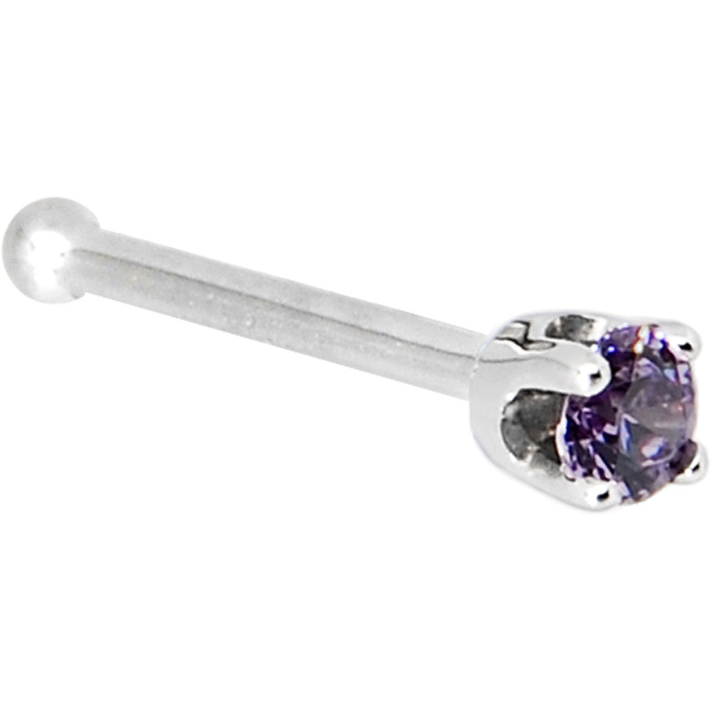 Solid 14K White Gold 2mm Amethyst Cubic Zirconia Nose Ring | NOSE BONE | Wiccan Center