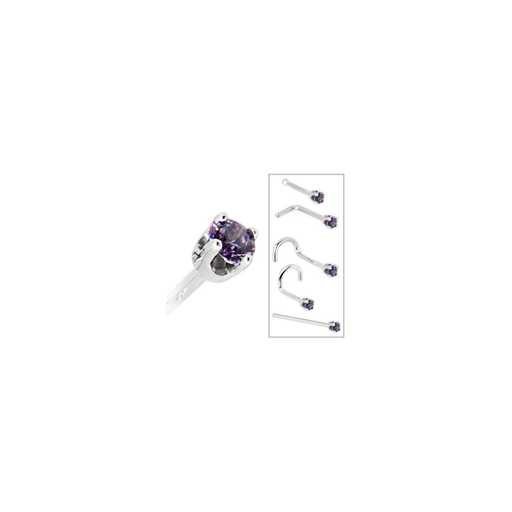 Solid 14K White Gold 2mm Amethyst Cubic Zirconia Nose Ring | NOSE BONE | Wiccan Center