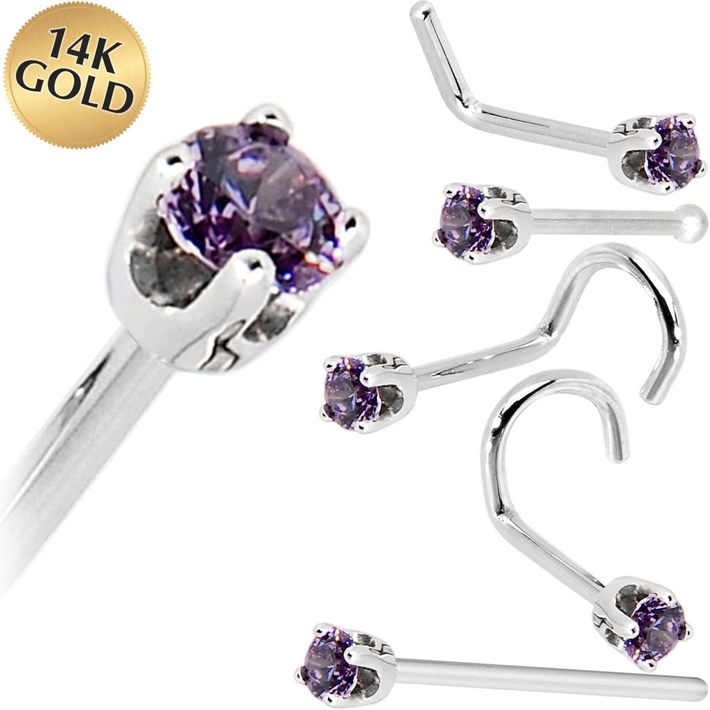Solid 14K White Gold 2mm Amethyst Cubic Zirconia Nose Ring | NOSE BONE | Wiccan Center