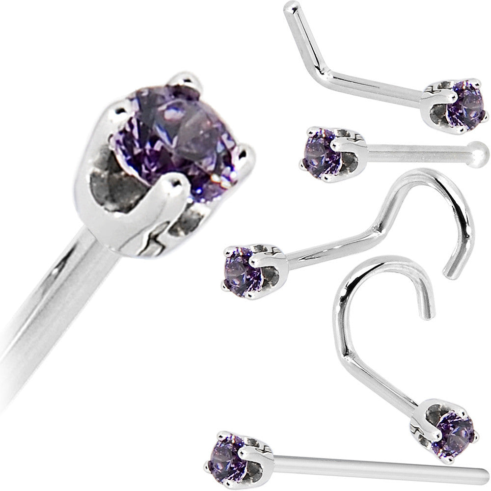 Solid 14K White Gold 2mm Amethyst Cubic Zirconia Nose Ring | NOSE BONE | Wiccan Center