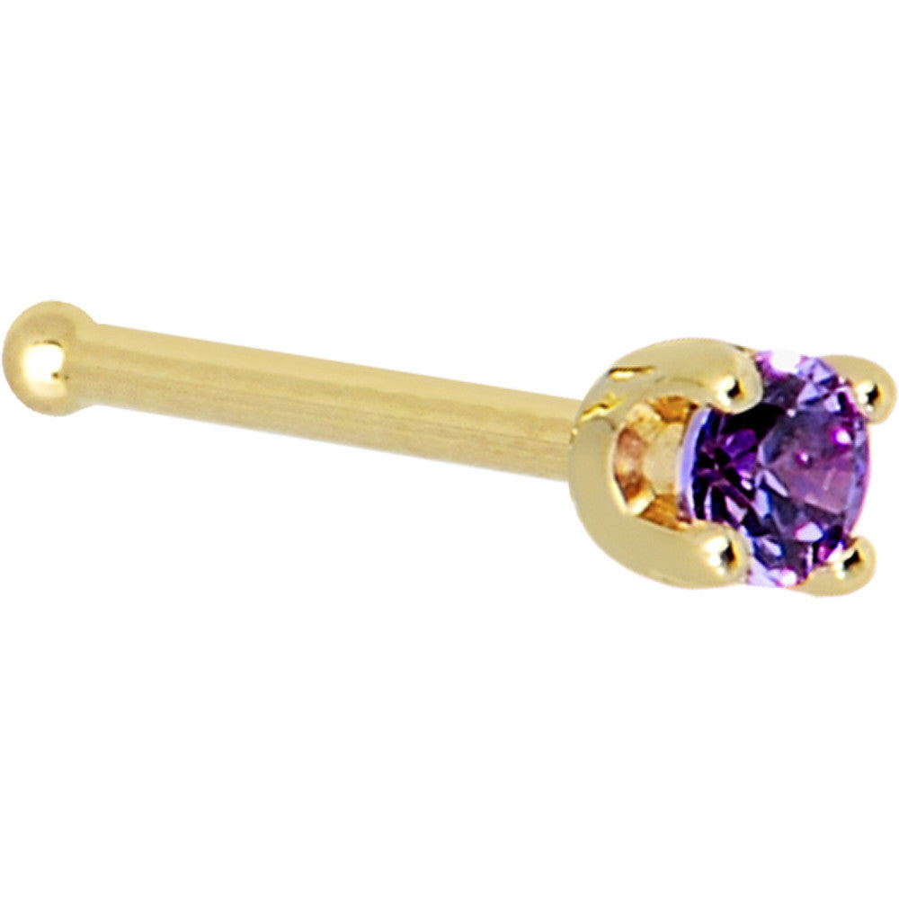 Solid 14K Yellow Gold 2mm Amethyst Cubic Zirconia Nose Ring | NOSE BONE | Wiccan Center