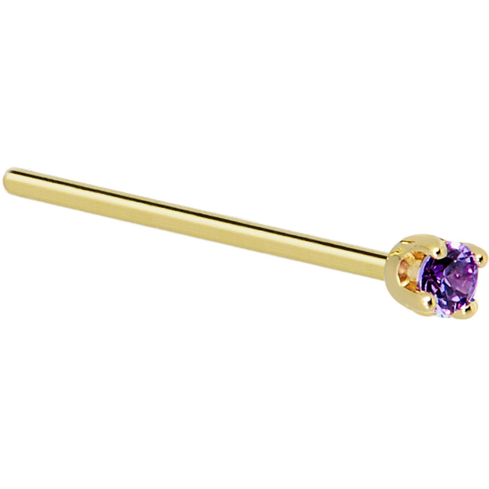 Solid 14K Yellow Gold 2mm Amethyst Cubic Zirconia Nose Ring | NOSE BONE | Wiccan Center