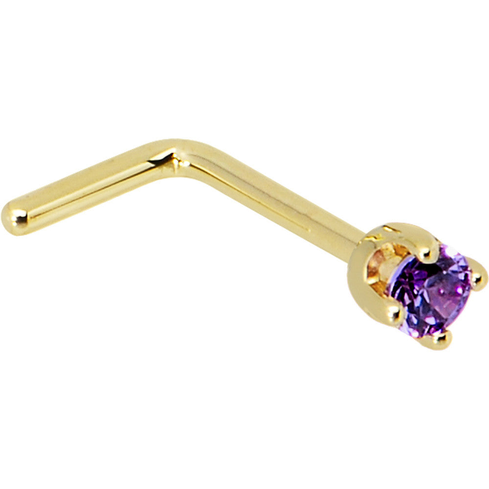 Solid 14K Yellow Gold 2mm Amethyst Cubic Zirconia Nose Ring | NOSE BONE | Wiccan Center