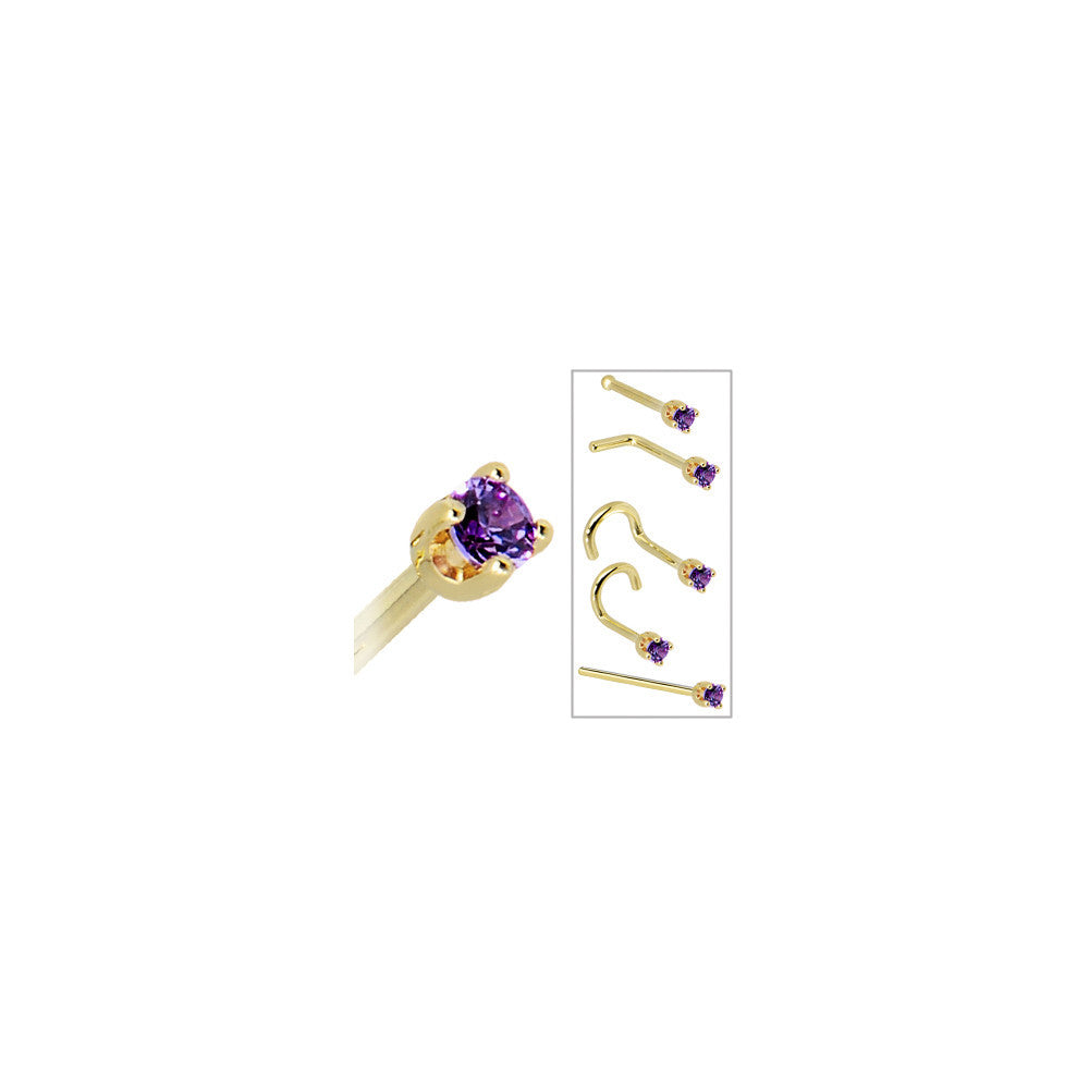 Solid 14K Yellow Gold 2mm Amethyst Cubic Zirconia Nose Ring | NOSE BONE | Wiccan Center
