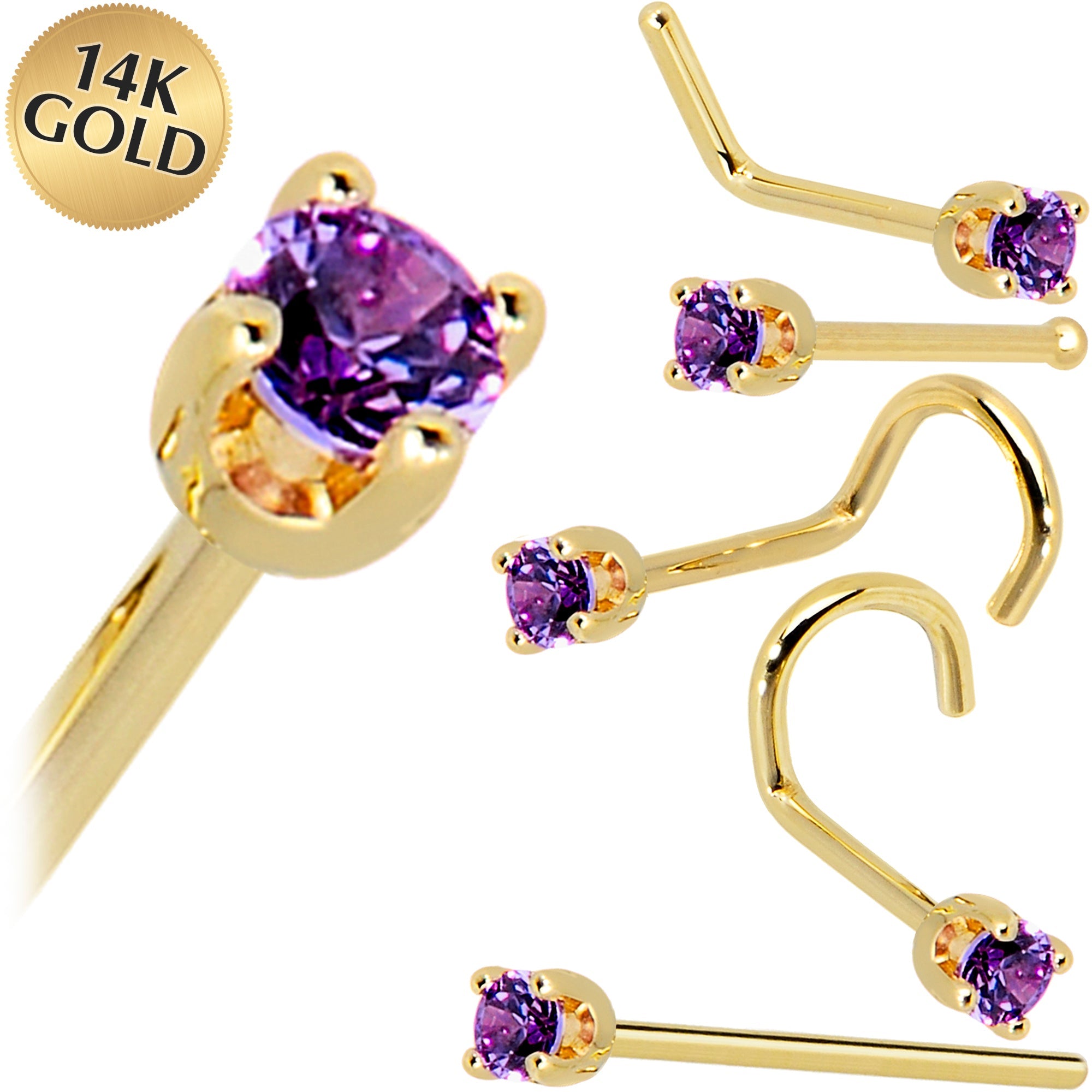 Solid 14K Yellow Gold 2mm Amethyst Cubic Zirconia Nose Ring | NOSE BONE | Wiccan Center