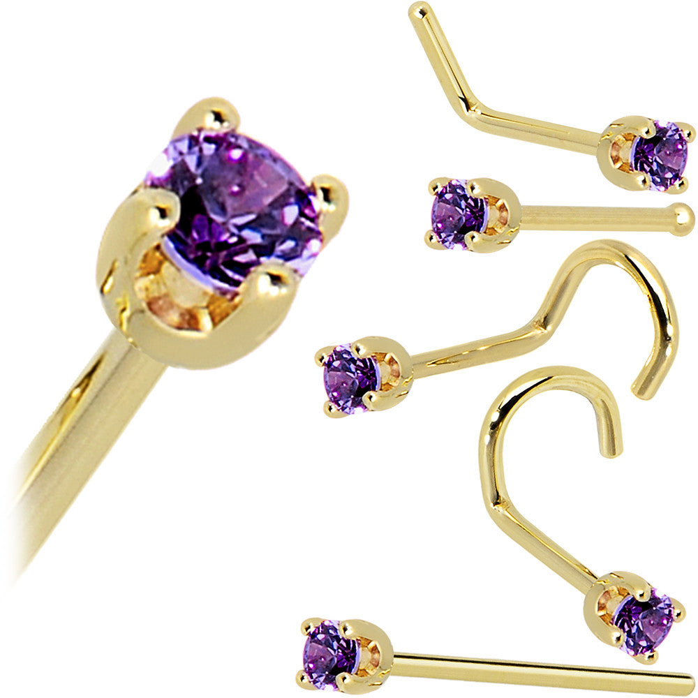 Solid 14K Yellow Gold 2mm Amethyst Cubic Zirconia Nose Ring | NOSE BONE | Wiccan Center