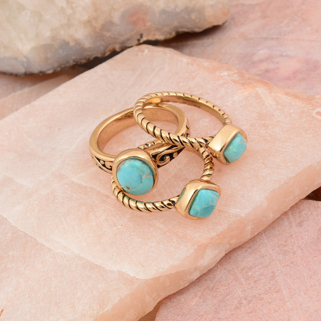 Multi-Shape Blue Turquoise and Golden Trio Ring Set | Rings | Wiccan Center