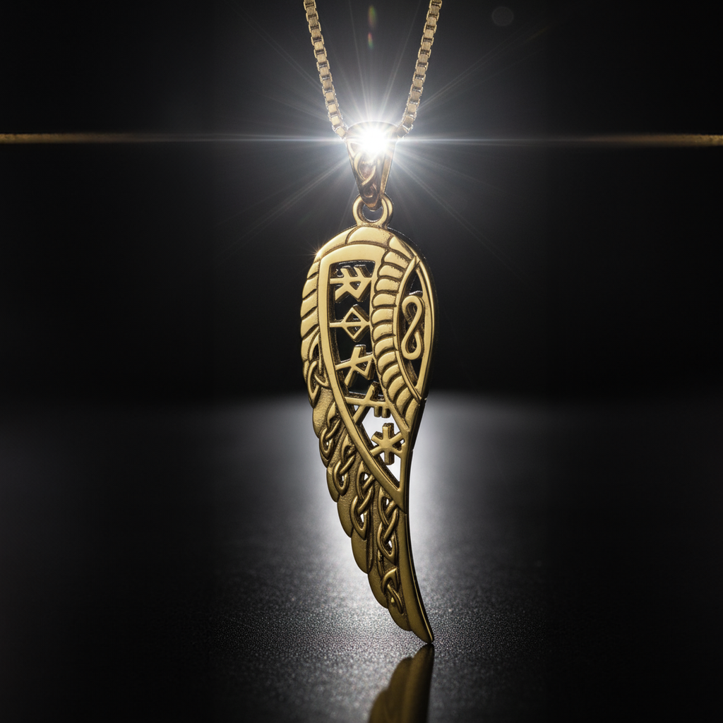 Celtic Angel Wing with Rune Symbols Solid Gold Pendant