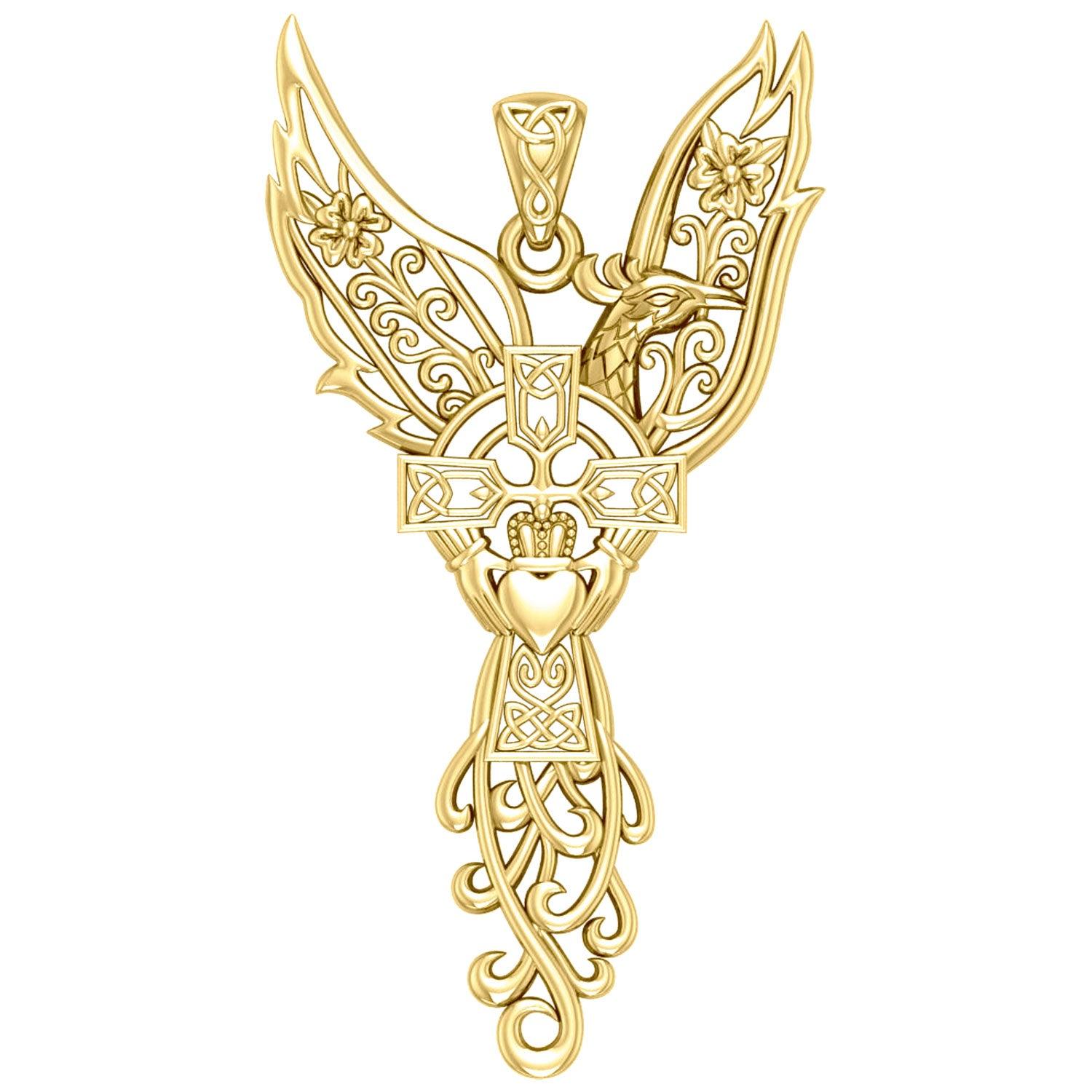 Phoenix Claddagh Cross Filigree Flower Solid Gold Pendant GPD5872