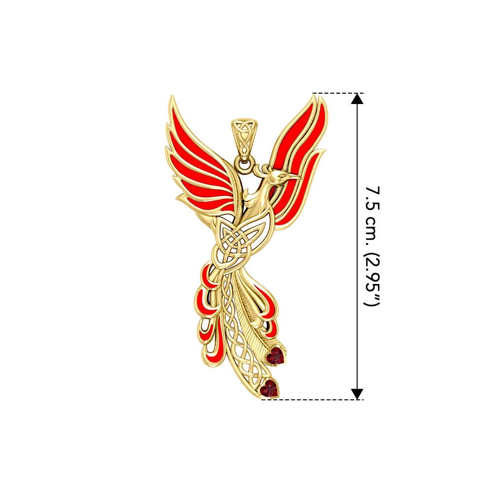 Celtic Phoenix Solid Yellow Gold Pendant with Gems and Enamel GPD5873