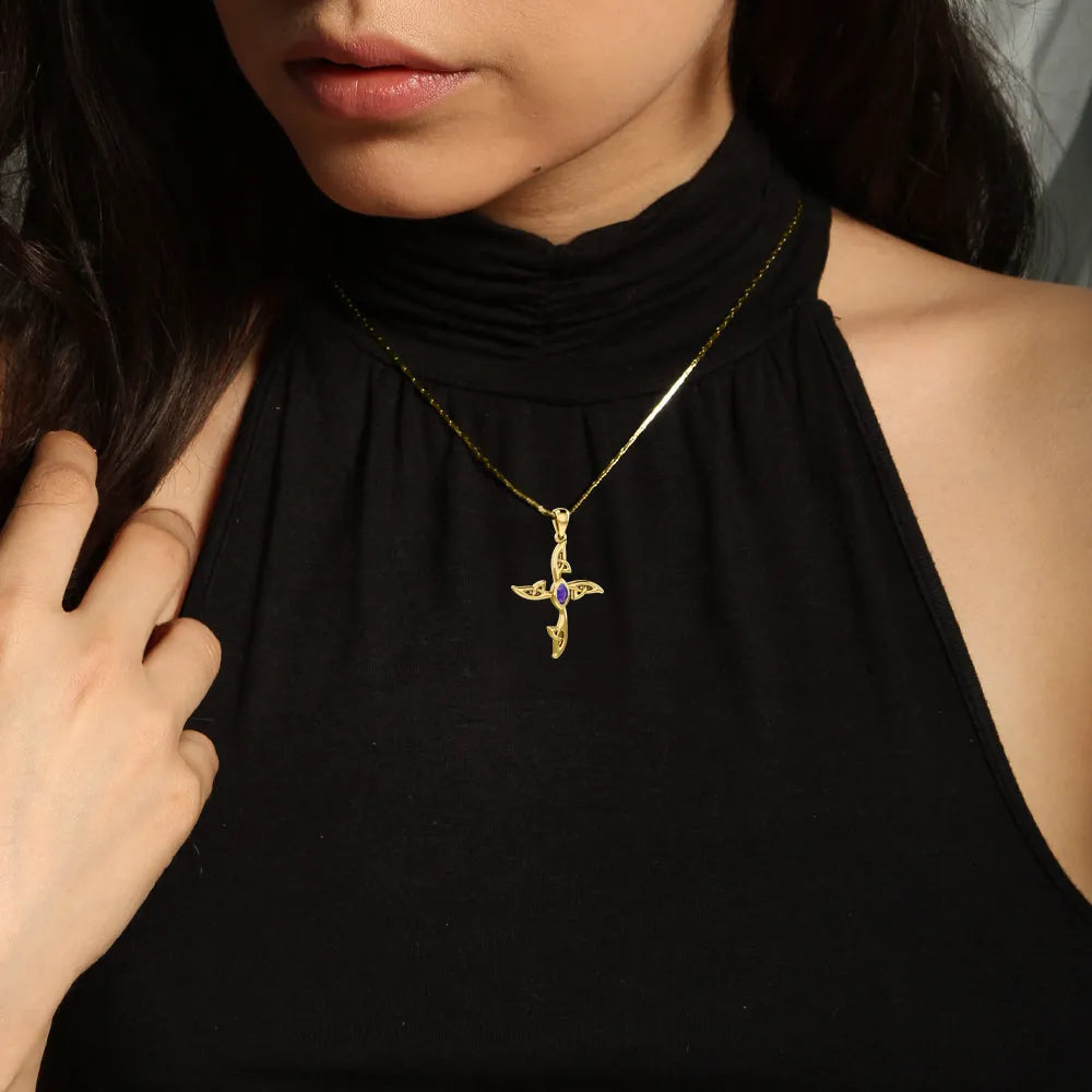 Celtic Cross 14K Solid Gold Pendant with Gemstone GPD5988