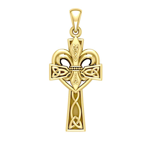 A powerful combination of Celtic elements ~ 14K Solid Gold Jewelry Pendant in Fleur-de-Lis and Celtic Cross GPD5994 | Pendant | Wiccan Center