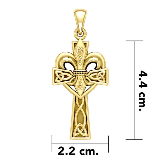 A powerful combination of Celtic elements ~ 14K Solid Gold Jewelry Pendant in Fleur-de-Lis and Celtic Cross GPD5994 | Pendant | Wiccan Center
