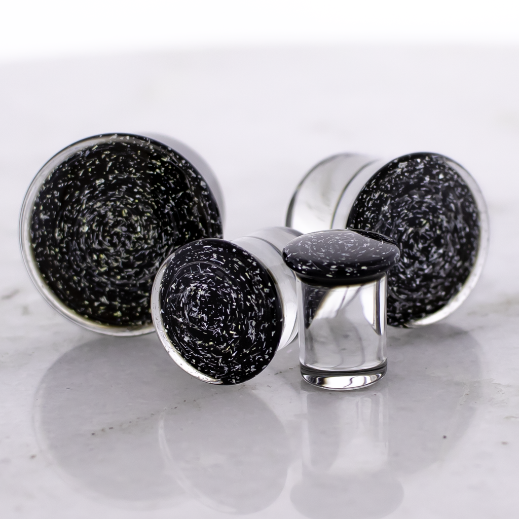 Double Flare Glass plug- Dichro Silver and Black | Body Jewelry | Wiccan Center