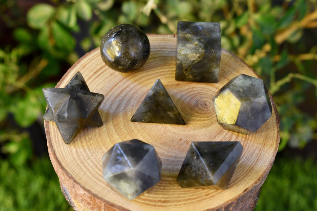 7 pcs Labradorite Platonic Solids Sacred Geometric Set, Crystal Geometry Set