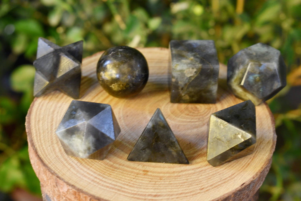 7 pcs Labradorite Platonic Solids Sacred Geometric Set, Crystal Geometry Set