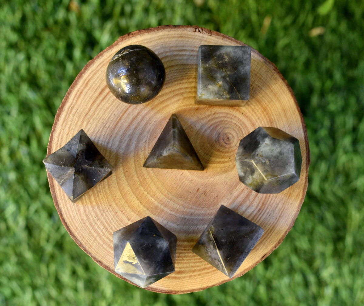 7 pcs Labradorite Platonic Solids Sacred Geometric Set, Crystal Geometry Set