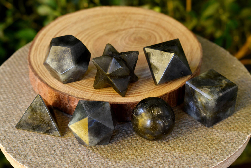 7 pcs Labradorite Platonic Solids Sacred Geometric Set, Crystal Geometry Set