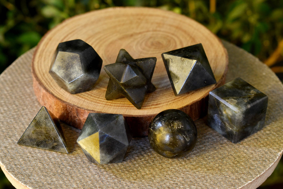 7 pcs Labradorite Platonic Solids Sacred Geometric Set, Crystal Geometry Set