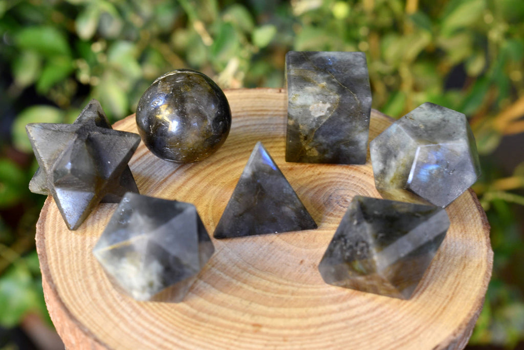 7 pcs Labradorite Platonic Solids Sacred Geometric Set, Crystal Geometry Set