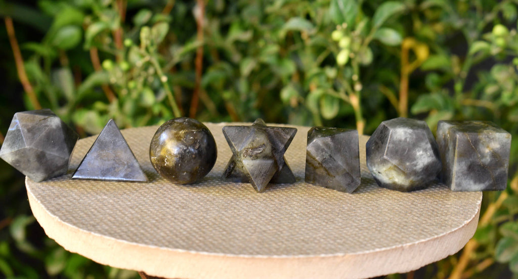 7 pcs Labradorite Platonic Solids Sacred Geometric Set, Crystal Geometry Set