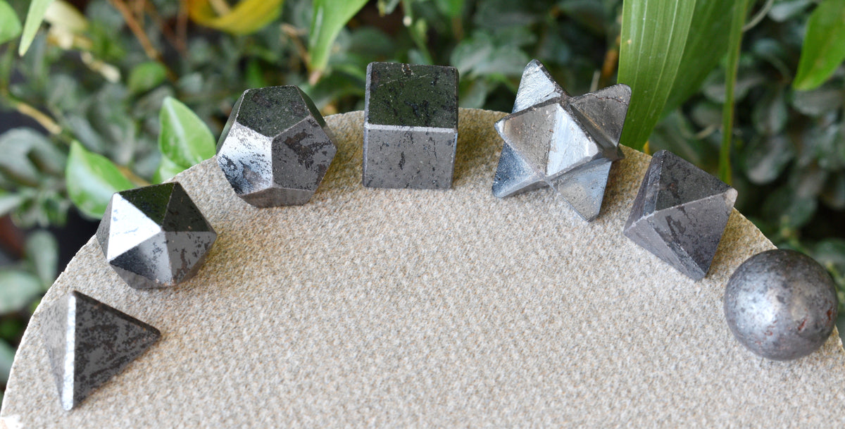 7 pcs Hematite Platonic Solids Sacred Geometric Set, Crystal Geometry Set